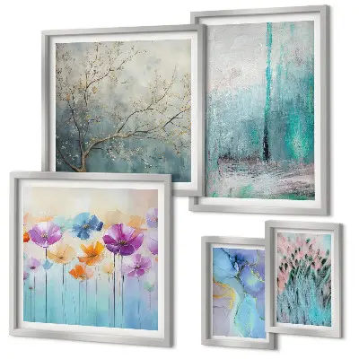 Gallery wall abstract landscapes and flowers