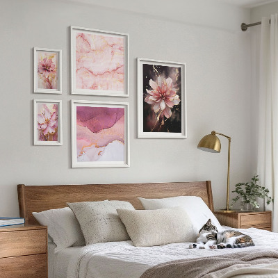 Set of 5 wall art pieces Pink floral arrangements