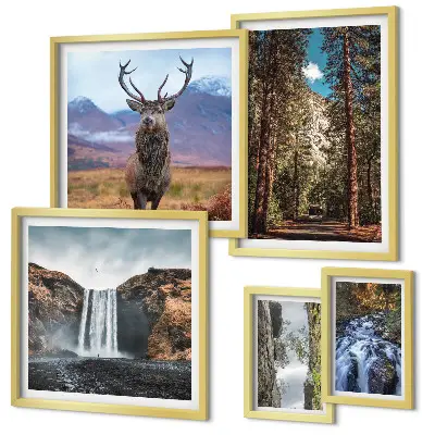 Set of 5 wall art pieces featuring nature landscapes and waterfalls