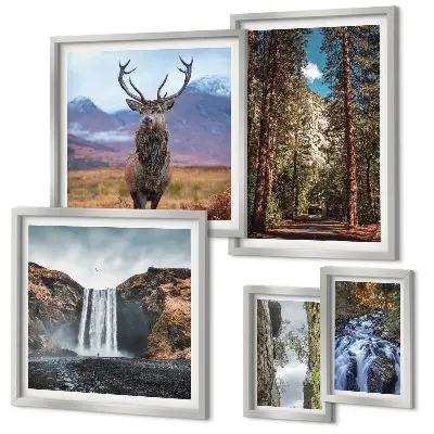 Set of 5 wall art pieces featuring nature landscapes and waterfalls