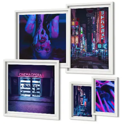 Neon night cityscapes photo set in frames