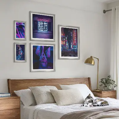 Neon night cityscapes photo set in frames