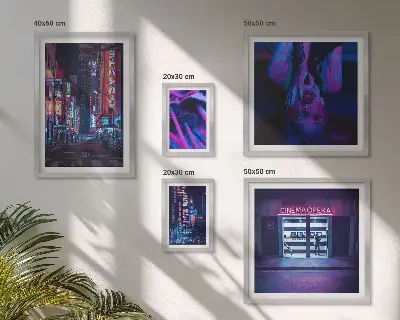 Neon night cityscapes photo set in frames