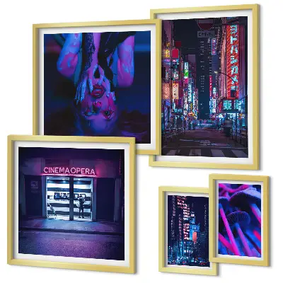Neon night cityscapes photo set in frames
