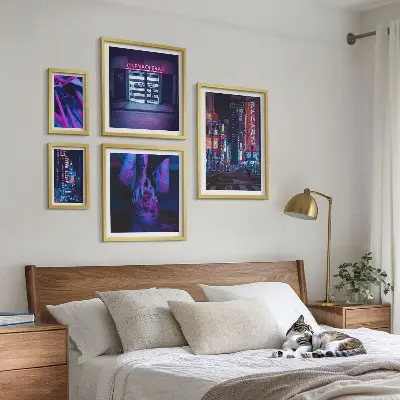 Neon night cityscapes photo set in frames
