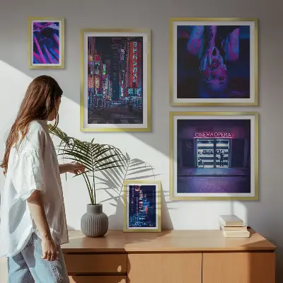Neon night cityscapes photo set in frames