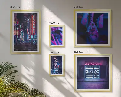 Neon night cityscapes photo set in frames