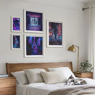 Neon night cityscapes photo set in frames