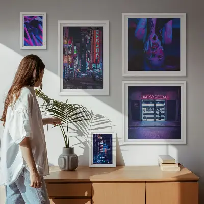 Neon night cityscapes photo set in frames