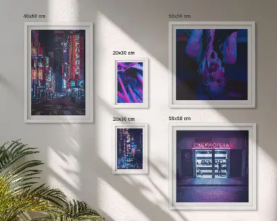 Neon night cityscapes photo set in frames