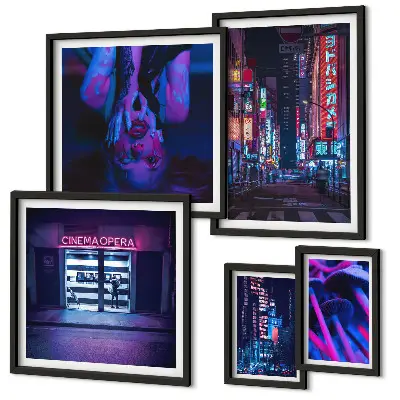 Neon night cityscapes photo set in frames