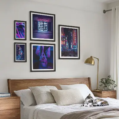 Neon night cityscapes photo set in frames