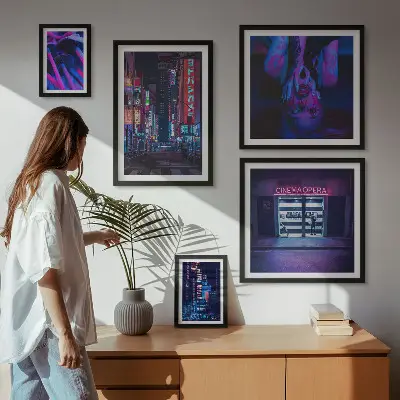 Neon night cityscapes photo set in frames