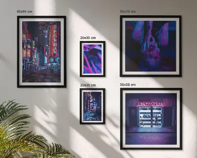Neon night cityscapes photo set in frames