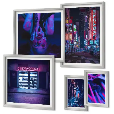 Neon night cityscapes photo set in frames