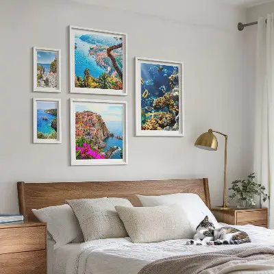 Gallery wall seaside landscapes featuring fish and beaches