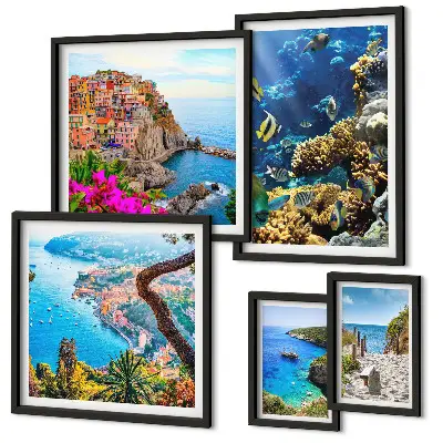 Gallery wall seaside landscapes featuring fish and beaches