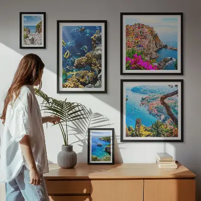 Gallery wall seaside landscapes featuring fish and beaches