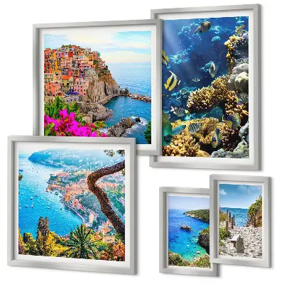 Gallery wall seaside landscapes featuring fish and beaches