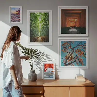 Framed photo set landscapes of Japan with bamboo and flowers