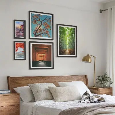 Framed photo set landscapes of Japan with bamboo and flowers