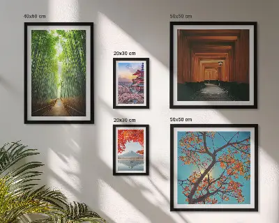Framed photo set landscapes of Japan with bamboo and flowers