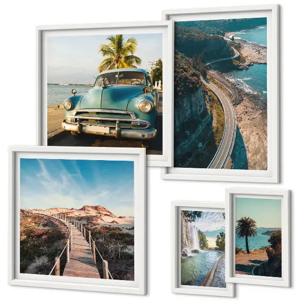 Set of 5 wall art pieces featuring landscape, travel, car, and nature themes