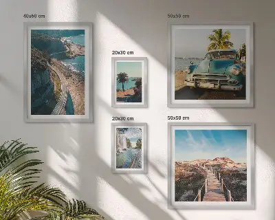 Set of 5 wall art pieces featuring landscape, travel, car, and nature themes