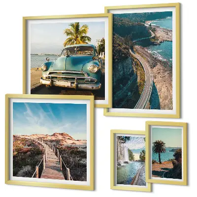 Set of 5 wall art pieces featuring landscape, travel, car, and nature themes