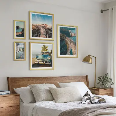 Set of 5 wall art pieces featuring landscape, travel, car, and nature themes