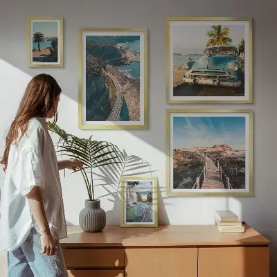 Set of 5 wall art pieces featuring landscape, travel, car, and nature themes
