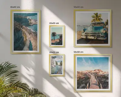 Set of 5 wall art pieces featuring landscape, travel, car, and nature themes