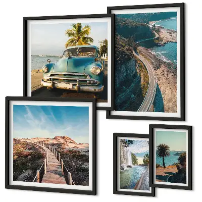 Set of 5 wall art pieces featuring landscape, travel, car, and nature themes