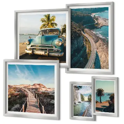 Set of 5 wall art pieces featuring landscape, travel, car, and nature themes
