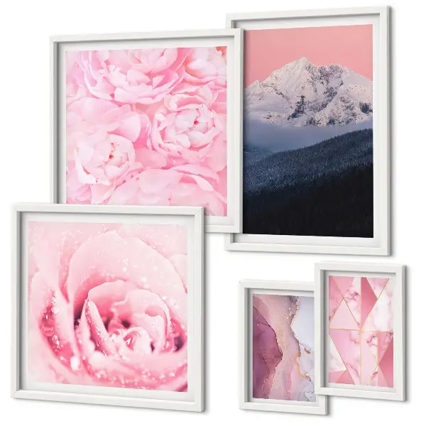 Set of 5 wall art pieces featuring pink modern flower landscapes