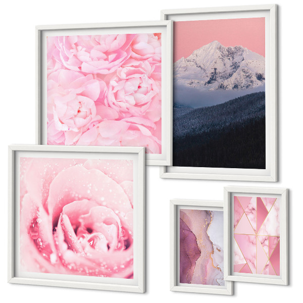 Set of 5 wall art pieces Pink landscapes modern flowers