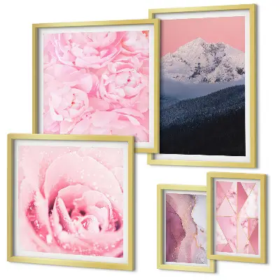 Set of 5 wall art pieces featuring pink modern flower landscapes