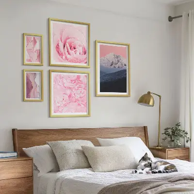 Set of 5 wall art pieces featuring pink modern flower landscapes