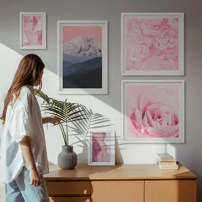 Set of 5 wall art pieces featuring pink modern flower landscapes