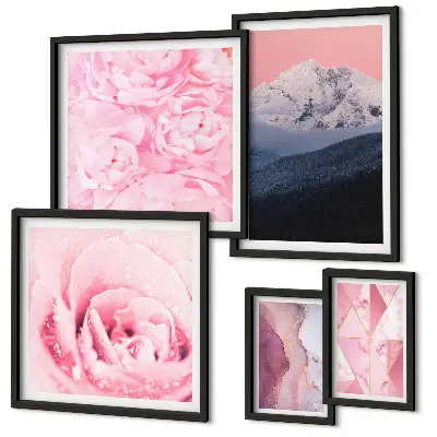 Set of 5 wall art pieces featuring pink modern flower landscapes