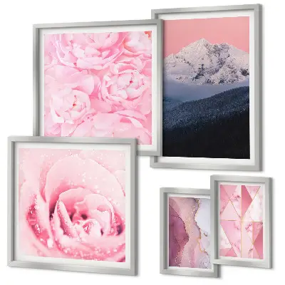 Set of 5 wall art pieces featuring pink modern flower landscapes