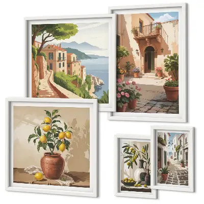 Framed photo set Mediterranean street flowers style