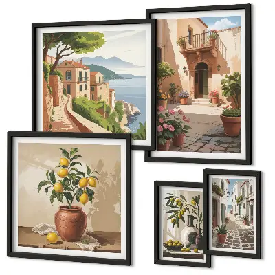 Framed photo set Mediterranean street flowers style
