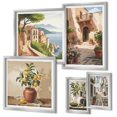 Framed photo set Mediterranean street flowers style