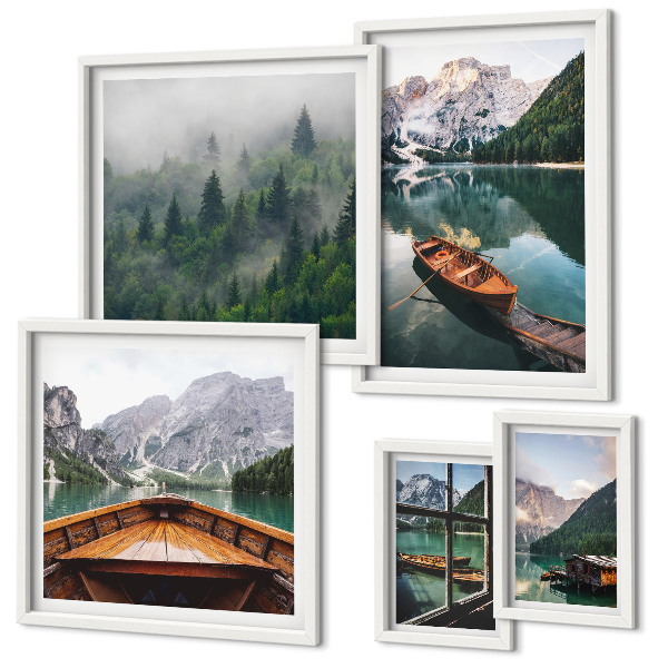 Set of 5 wall art pieces Calm mountain lakes boats