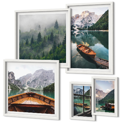Set of 5 wall art pieces Calm mountain lakes boats