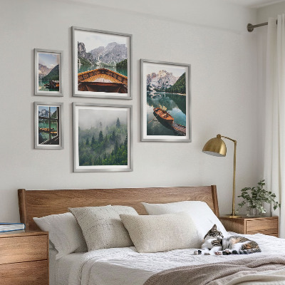 Set of 5 wall art pieces Calm mountain lakes boats