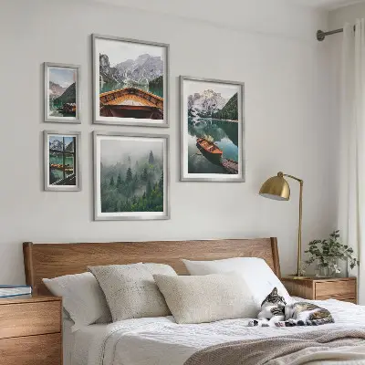 Set of 5 wall art pieces featuring calm mountain lakes and boats