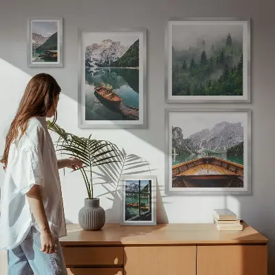 Set of 5 wall art pieces featuring calm mountain lakes and boats