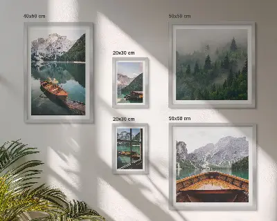 Set of 5 wall art pieces featuring calm mountain lakes and boats